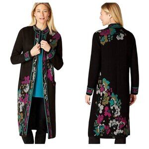 J.Jill Black Multi Trailing Flowers Jacquard Topper Floral Sweater Duster S Tall